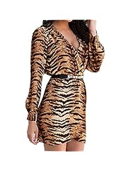 Sexy V-neck Long Sleeves Leopard Print Belted Wrap  Vintage Mini Dress  With Rhinestones