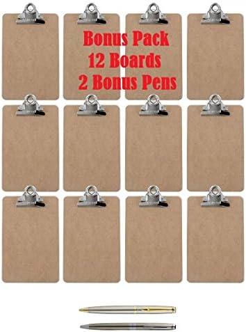 BONUS Set: Advantage Hard Board Clipboard with High Capacity Clip, Memo Size 6" x 9" (Pack of 12), Earth Friendly and Made in the USA sold with TWO Top Quality Plexon Metal Roller Pens (Gold &amp; Silver)