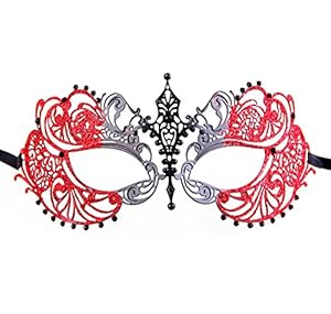 Luxury Mask Women's Laser Cut Metal Venetian Pretty Masquerade Mask, Black/Black Stones Red Glitter, One Size