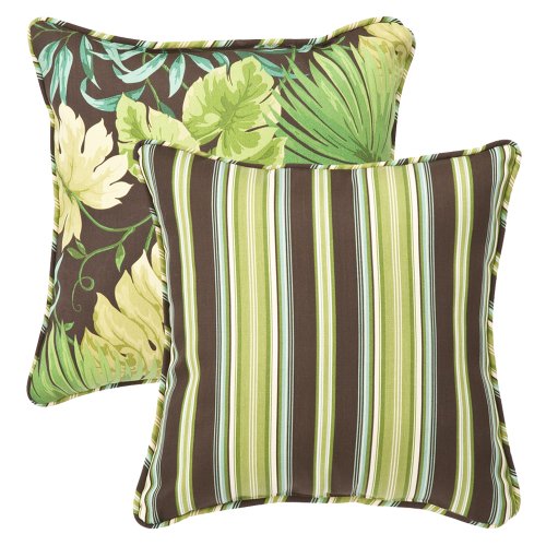Pillow Perfect Decorative Green/Brown Tropical/Striped Reversible Toss Pillows, Square, 18-1/2 Length, 2-Pack