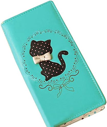 Tenflyer Women Bifold Leather Purse Dots Cartoon Cat Pattern Clutch Long Zipper Wallet Handbag (Green)