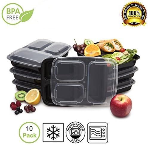 Zenplicity/Food Storage Containers /Usa Made / 3 Compartment /10 Set / BPA Free Plastic /Freezer Safe/ Air tight / Best Leak Proof / Reusable / Microwaveable / Divided / Stackable/ Large with lids