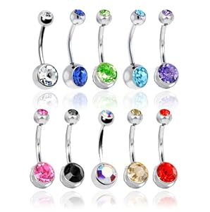 Lot of 10 Double Jeweled CZ Crystal Gem Belly Button Navel Rings 316L Surgical Steel 14 Gauge (10 Pieces)14G 3/8