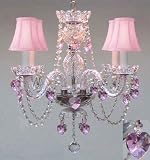 CRYSTAL CHANDELIER W/ PINK CRYSTAL HEARTS & PINK SHADES A46-PINKSHADES/PINKHEARTS/275/4-NSPH