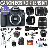 Canon EOS 7D + Canon 18-55mm Lens + Canon 55-250mm Lens + Canon 50mm Lens +500mm Preset Lens + 650-1300mm Lens + .40x Fisheye Lens + 2x Telephoto Lens + 3 Year Celltime Warranty Repair Contract