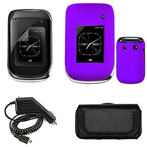 iNcido Brand Blackberry Style 9670 Combo Rubber Feel Purple Protective Case Faceplate Cover + LCD Screen Protector + Rapid Car Charger + Black Horizontal Leather Pouch for Blackberry Style 9670