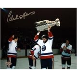 Clark Gillies Autographed Holding Cup Over Head Horizontal 8x10 Photograph
