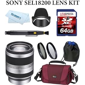Sony Alpha NEX SEL18200 E-mount 18-200mm F3.5-6.3 OSS Lens (Silver) + Lowepro Gadget Bag + Deluxe Lens Case + Sony ALC-SH109 Petal Lens Hood + Lens Pen Cleaning System + LexSpeed 64GB Class 10 SDXC Memory Card + Professional Multi-Coated 2pc Essential Filter Kit + Cleaning Cloth