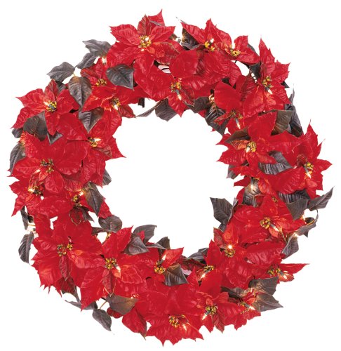 GKI Bethlehem Lighting 30-Inch 35-Light Weatherproof Lighted Poinsettia Wreath, Red