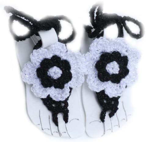 Pure Handmade Knit Flowers Barefoot Sandals Infant Toddler Baby Feet Decoration (White Black)