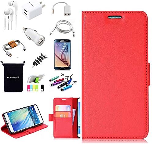 J5 Case AceNear Accessory Bundle For Samsung Galaxy J5 SM J500 Ultrathin Wallet Folio Red Leather TPU Case &amp; Screen Protector Earphone Car Charger USB Cable Headset Stylus