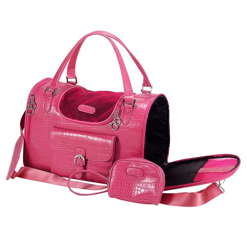 doggie carrier purses:Dog Cat Faux Crocodile Pattern Pet Carrier - Pink - Medium Images
