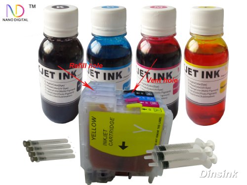 ND Brand Dinsink Brother LC61 Refillable Ink Cartridge for Brother :MFC-250C MFC-255CW MFC-290C MFC-295CN MFC-490CW MFC-495CW MFC-5490CN MFC-5895cw MFC-790CW MFC-795CW MFC-990CW MFC-J220 MFC-J265W MFC-J270W MFC-J410W MFC-J415W MFC-J615W MFC-J630W+ 400ML ND Brand Bulk Refill Ink Specially Formulated for Brother - Cyan, Yellow, Magenta, and Black Color+4Syringes