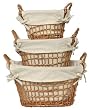 Willow Oval Roll Baskets With Cotton Liners Set / 3, Large= 12"L x 6 1/2"H x 9 1/2"W