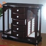 CHERRY FINISH WOODEN JEWELRY BOX WITH GLASS DOORS