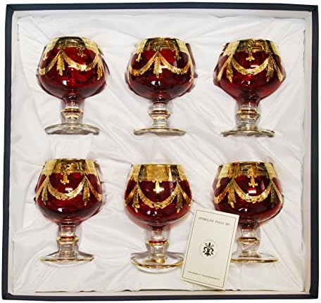 PromasterGifts Versace-inspired 6pc Set of Vintage Italian-made Red Crystal Cognac Snifters / Brandy Glasses, 24K Gold-plated, HANDMADE