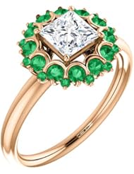 18K Rose Gold Princess Cut Diamond and Emerald Flower Inspired Ring -- LIFETIME WARRANTY