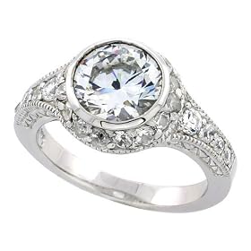 Sterling Silver Vintage Style Engagement Ring w/ Rhodium Plating, w/ 8mm (2.00 Carats) Brilliant Cut CZ Stone, 7/16