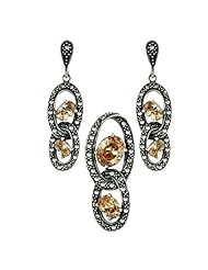 Sterling Silver Marcasite Earring Pendant Set in oval shape of champagne color Stone Interlock