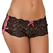 Sexy Black Crotchless Lace Side Tie Thong Boyleg Pantie with Pink Trim