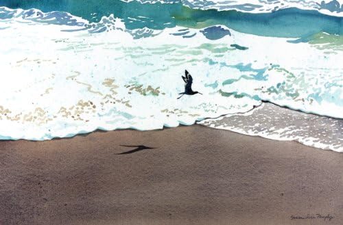 Susan Avis Murphy Beach Comber, Print of a Seascape Watercolor Painting, Bird Flying Along the Water, 13 X 20 Inches