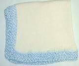 Bk636, Knitted on Hand Knitting Machine Ivory Cotton Trimmed By Hand Crochet with Blue Chenille Blanket for Infant Boys
