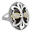 925 Silver, Onyx & Diamond Double Fleur De Lis Ring with 18k Gold Accents (0.09ctw)- Sizes 6-8