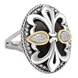 925 Silver, Onyx & Diamond Double Fleur De Lis Ring with 18k Gold Accents (0.09ctw)- Sizes 6-8