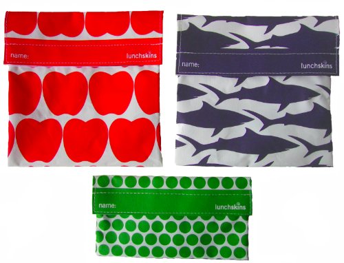 LunchSkins Reusable Sandwich and Snack Bags Set - 3 Pack - Red Apple, Navy Shark, Green Dots