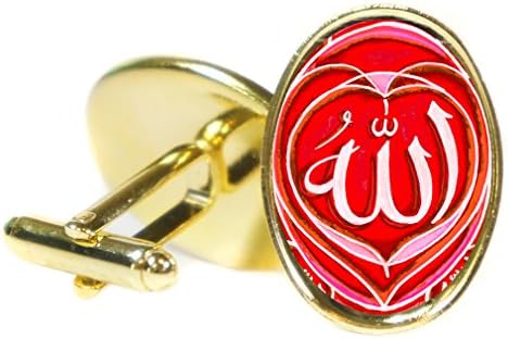 Allah Red 18x24mm (3/4" X 1") Oval Bright Gold Pair of Cufflinks