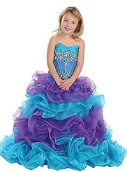 Girls Strapless Organza Floor Length Sequined  Crystals  Lace Crystal Pleated Pageant Dress  With Rhinestones and Ruffles