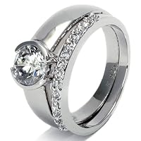 Round Cut CZ Diamond Half Eternity Sterling Silver Engagement Ring Bridal Set
