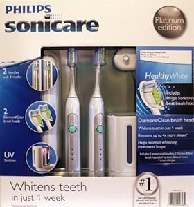 Philips Sonicare HX6733/90 HealthyWhite 3 Mode Platinum Edition Rechargeable Toothbrush 2-Pack Bundle (2 Power Toothbrushes, 2 DiamondClean Brush Heads, 1 UV Sanitizer with Integrated Charger, 1 Travel charger, 2 Travel cases)