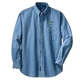 Personalized custom embroidered volleyball design on denim shirt