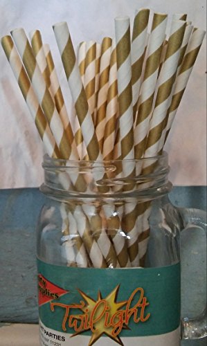 Gold Candy Striped Paper Drinking Straws 25 Ct. - Twilight Parties