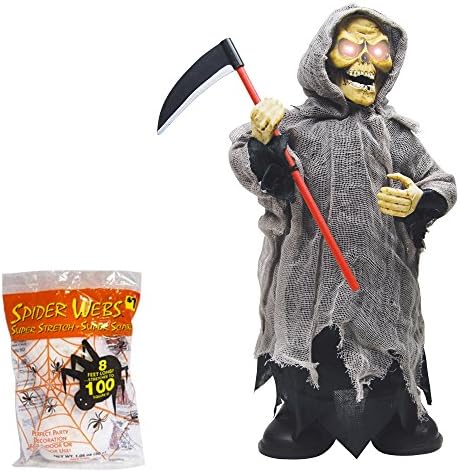 Halloween Decoration Animated Screaming Moving Grim Reaper | Scary Haunted House Prop | 8.5 Inches with Spider Webbing Decoration