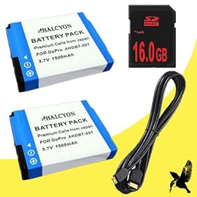 Two Halcyon 1500 mAH Lithium Ion Replacement Battery + 16GB SDHC Class 10 Memory Card + Mini HDMI Cable for GoPro HD Hero, HD Hero2, HD HERO Naked