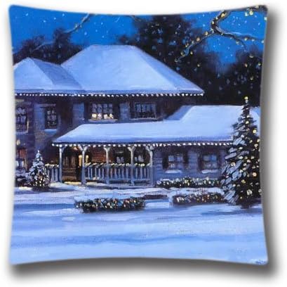 Christmas Decorative Pillow Cover-Xmas Scene Oil Painting Christmas Landscapes Square Pillow Case Unique 18x18 Decorative Pillowcase for Christmas Zippered Single Side Pattern Cushion Cover