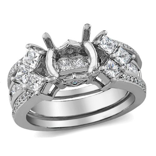 1.50 Carat (ctw) 14k White Gold Princess & Round Diamond Ladies Bridal Semi Mount Ring Set Center not included