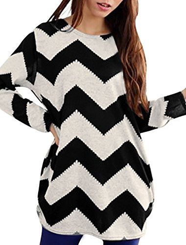 Allegra K Women Round Neck Contrast Color Zig-Zag Knitted Shirt Black White M