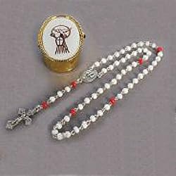Confirmation Rosary - Descending Dove Centerpiece - 2mm Red Our Father Beads - White Hail Mary Beads - Length: 10" - Metal Rosary Case - IMPORTED FROM ITALY