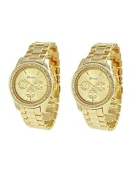 2 PACK Geneva Gold Plated Classic Round CZ Ladies Boyfriend Watch