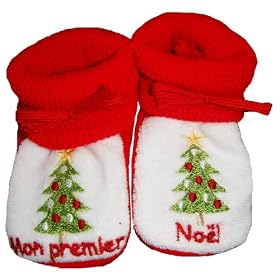 No�l b�b� - Chaussons b�b� brod�s mon premier no�l + sapin 0/3mois rouge