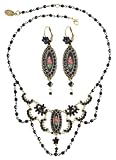 Victorian Style Michal Negrin Glamorous True Colors Collection Jewelry Set: Necklace and Dangle Earrings, Amazingly Designed with Gothic Rose Biconvex Cameos, Decorated with Hand Painted Flowers and Suspended Beaded Chains, Enriched with Black Swarovski Crystals - Special Ordered and Shipped by Genuvo within 2 to 3 Weeks