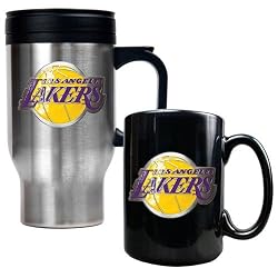 Los Angeles Lakers NBA Stainless Steel Travel Mug & Black Ceramic Mug Set - Primary Logo by Great American Products