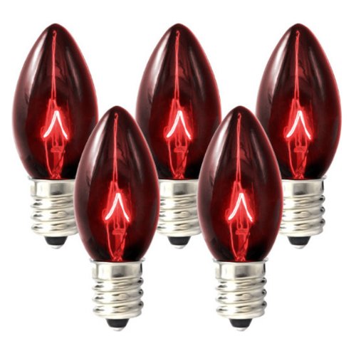 25 Bulbs C7 - Red Transparent - Triple Dipped - 5 Watt - Candelabra Base - Christmas Lights - Superior Holiday Lighting 5WC7TRRD