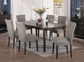 7pc Cherry Brown Finish Dining Table & Taupe Parson Chairs Set,AtHomeMart,dinset-3651-3652