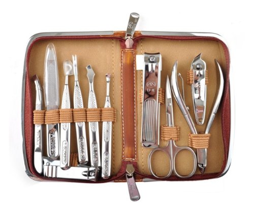 11 Pcs Manicure / Pedicure Set: Stainless Steel Eyebrow Shaping & Nail Beauty Kit in Leather Case--