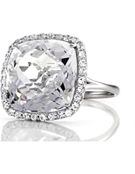 Anti Tarnish Sterling Silver 14mm Cushion Cut White Quartz and Round White Sapphire Ring
