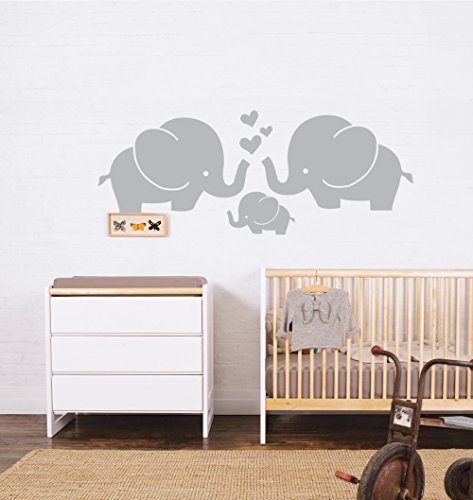Cute Elephant Family With Hearts Wall Decals Baby Nursery Decor Kids Room Wall Stickers, 30''W x11.8''H, Grey